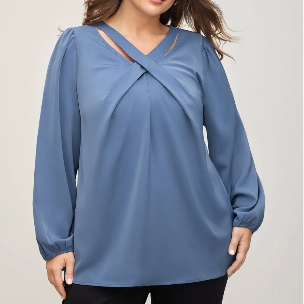 BloomChic Dusty Blue Crisscross Neck Pleated Blouse - 14-16/1X - NWT